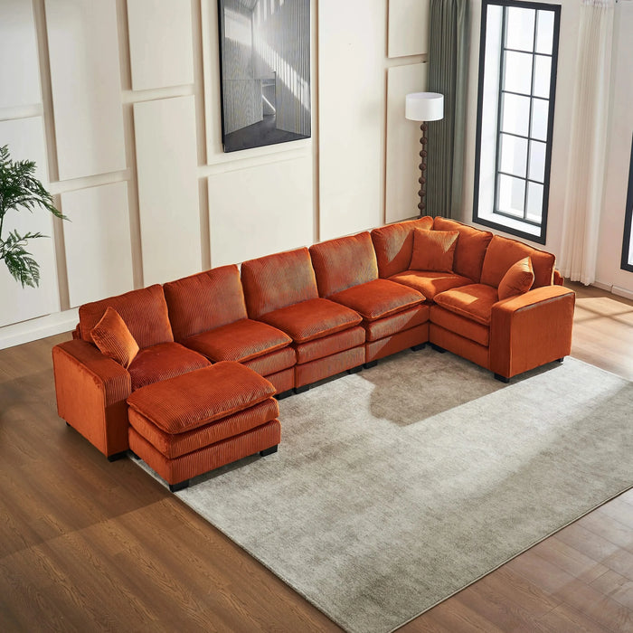 Modern U Shaped 6-seat Sectional Sofa Couch with one Ottoman and three toss pillows ,Modular Sofa for Living Room,Corduroy sofa Default -DTYStore