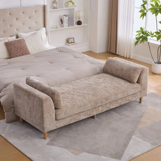 Modern Upholstered End of Bed Bench with Armrests and Chenille Fabric, Wheat Color, 83.1' Wide Default -DTYStore