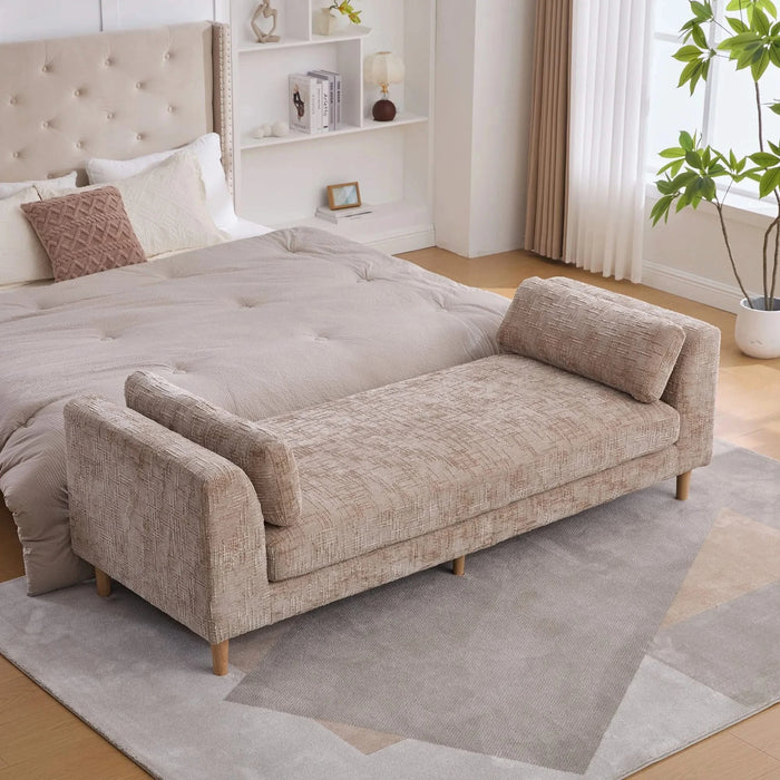 Modern Upholstered End of Bed Bench with Armrests and Chenille Fabric, Wheat Color, 83.1' Wide Default -DTYStore