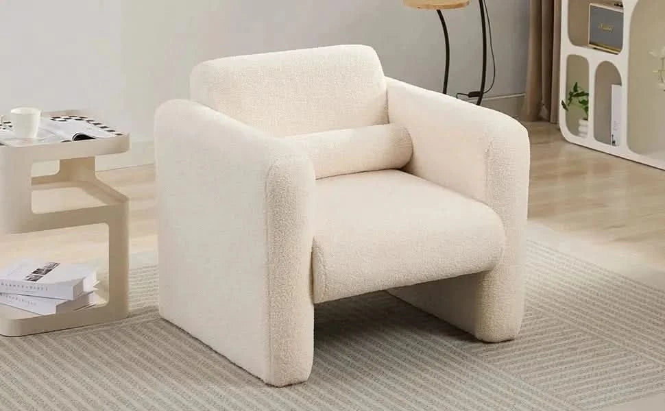 Modern Upholstered Lambskin Sherpa Accent Armchair Comfy Reading Chair with Pillow-DTYStore