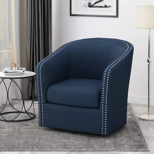 Modern Upholstered Swivel Club Chair with Nailhead Trim in Blue Linen Fabric Default -DTYStore
