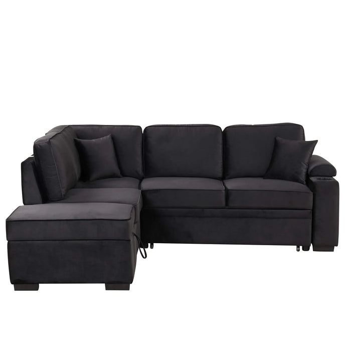 Modern Velvet Sleeper Sofa Bed with Storage Ottoman, Black, 84.75' L Shape Default -DTYStore