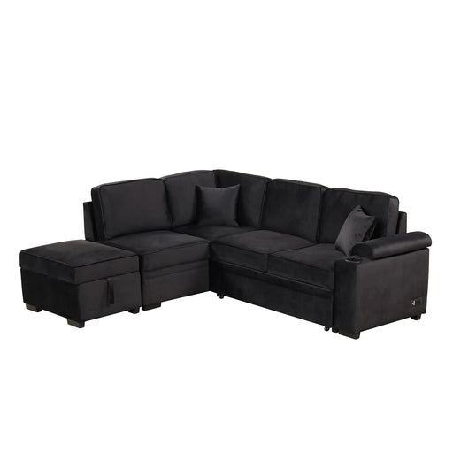 Modern Velvet Sleeper Sofa Bed with Storage Ottoman, Black, 84.75' L Shape Default -DTYStore