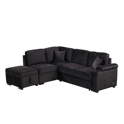 Modern Velvet Sleeper Sofa Bed with Storage Ottoman, Black, 84.75' L Shape Default -DTYStore