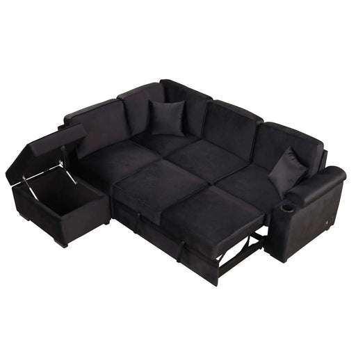 Modern Velvet Sleeper Sofa Bed with Storage Ottoman, Black, 84.75' L Shape Default -DTYStore