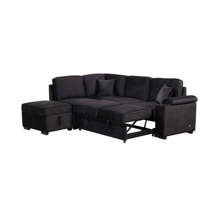 Modern Velvet Sleeper Sofa Bed with Storage Ottoman, Black, 84.75' L Shape Default -DTYStore