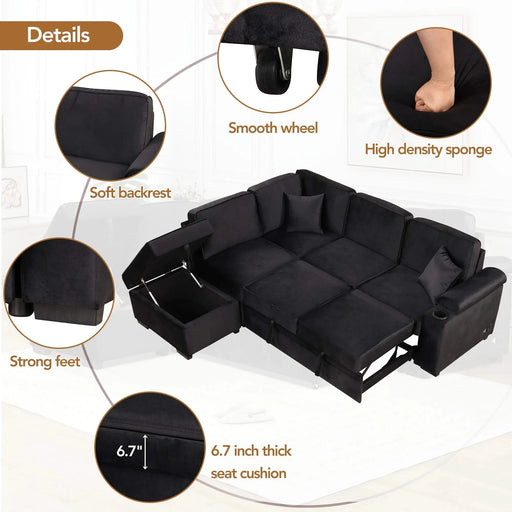 Modern Velvet Sleeper Sofa Bed with Storage Ottoman, Black, 84.75' L Shape Default -DTYStore