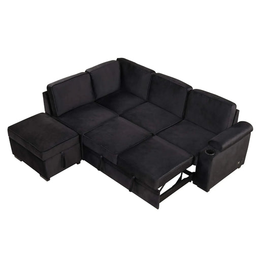 Modern Velvet Sleeper Sofa Bed with Storage Ottoman, Black, 84.75' L Shape Default -DTYStore
