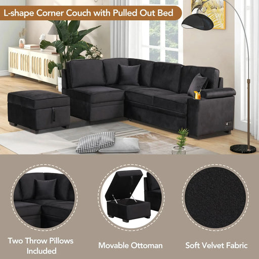 Modern Velvet Sleeper Sofa Bed with Storage Ottoman, Black, 84.75' L Shape Default -DTYStore
