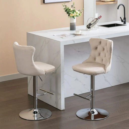 Modern Velvet Swivel Barstools with Adjustable Height, Chrome Base, Beige, Set of 2 Default -DTYStore