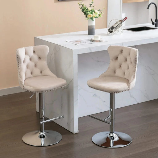 Modern Velvet Swivel Barstools with Adjustable Height, Chrome Base, Beige, Set of 2 Default -DTYStore
