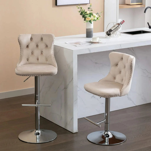 Modern Velvet Swivel Barstools with Adjustable Height, Chrome Base, Beige, Set of 2 Default -DTYStore