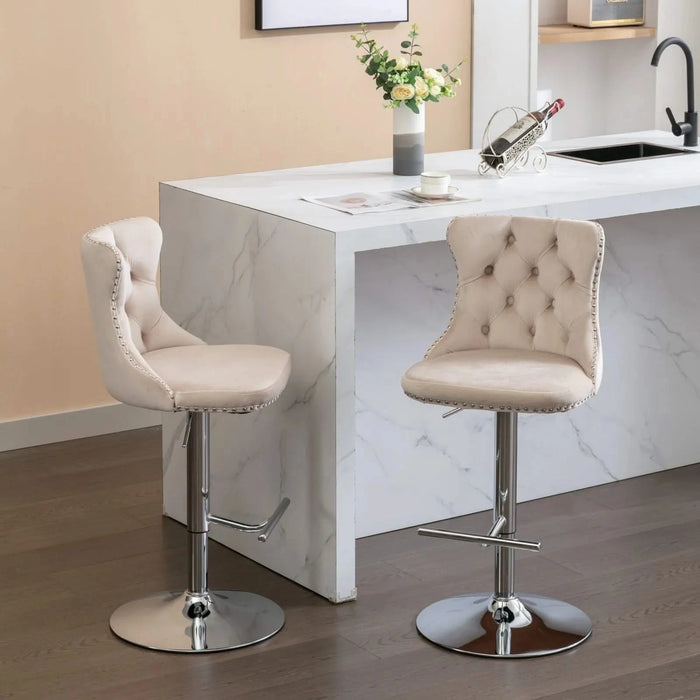 Modern Velvet Swivel Barstools with Adjustable Height, Chrome Base, Beige, Set of 2 Default -DTYStore
