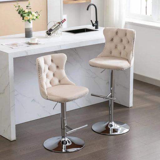 Modern Velvet Swivel Barstools with Adjustable Height, Chrome Base, Beige, Set of 2 Default -DTYStore