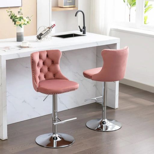 Modern Velvet Swivel Barstools with Adjustable Seat Height and Chrome Base, Pink, Set of 2 Default -DTYStore