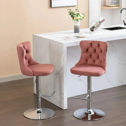 Modern Velvet Swivel Barstools with Adjustable Seat Height and Chrome Base, Pink, Set of 2 Default -DTYStore