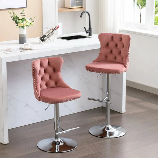 Modern Velvet Swivel Barstools with Adjustable Seat Height and Chrome Base, Pink, Set of 2 Default -DTYStore