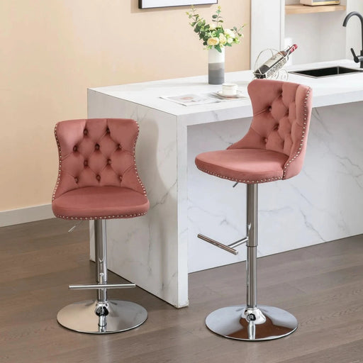 Modern Velvet Swivel Barstools with Adjustable Seat Height and Chrome Base, Pink, Set of 2 Default -DTYStore