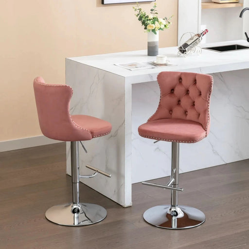 Modern Velvet Swivel Barstools with Adjustable Seat Height and Chrome Base, Pink, Set of 2 Default -DTYStore
