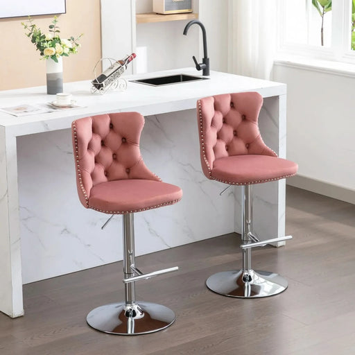 Modern Velvet Swivel Barstools with Adjustable Seat Height and Chrome Base, Pink, Set of 2 Default -DTYStore
