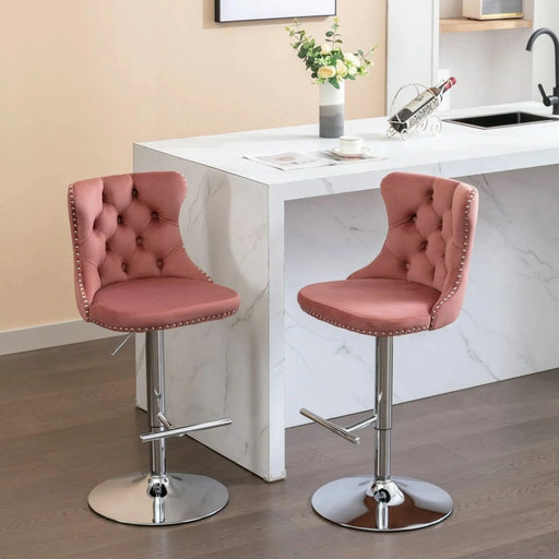 Modern Velvet Swivel Barstools with Adjustable Seat Height and Chrome Base, Pink, Set of 2 Default -DTYStore