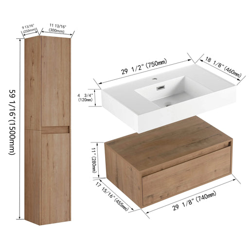 Modern Wall-Mounted 30-Inch Bathroom Vanity with Resin Sink and Two Side Cabinet in Imitative Oak Default -DTYStore