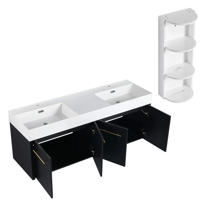 Modern Wall-Mounted Bathroom Vanity with Double Resin Sink and Storage Rack in Black Chestnut Default -DTYStore