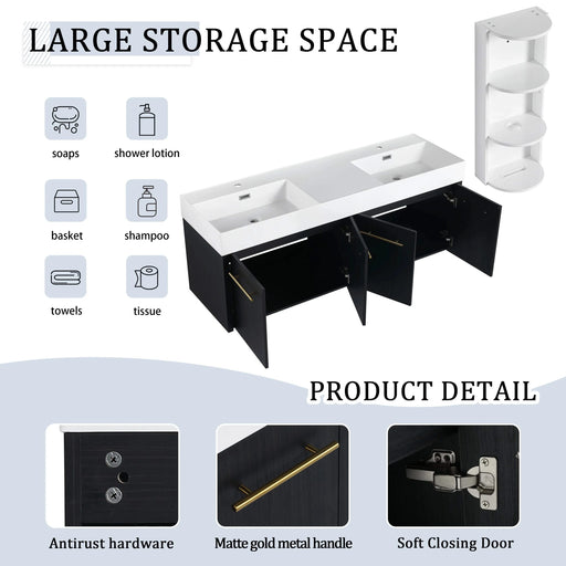 Modern Wall-Mounted Bathroom Vanity with Double Resin Sink and Storage Rack in Black Chestnut Default -DTYStore