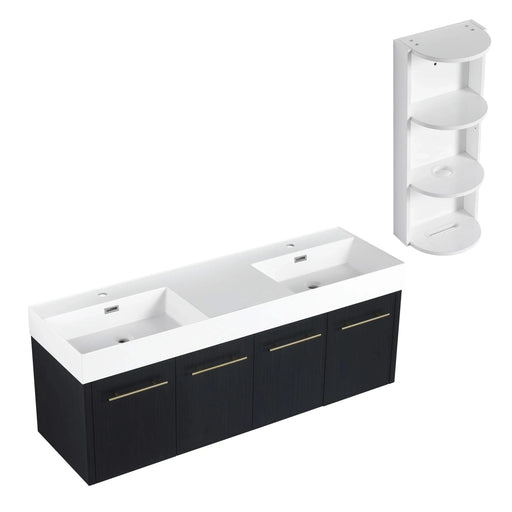 Modern Wall-Mounted Bathroom Vanity with Double Resin Sink and Storage Rack in Black Chestnut Default -DTYStore
