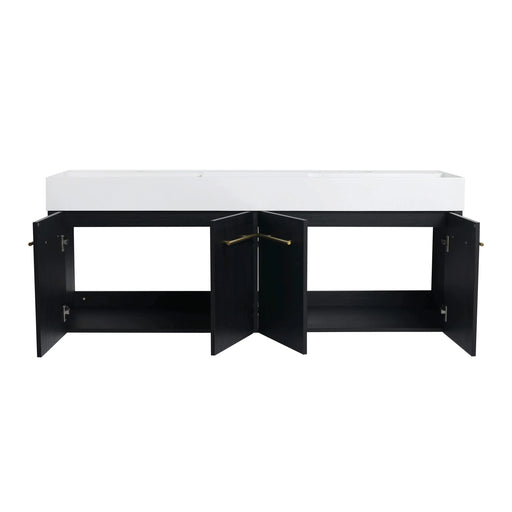 Modern Wall-Mounted Bathroom Vanity with Double Resin Sink and Storage Rack in Black Chestnut Default -DTYStore