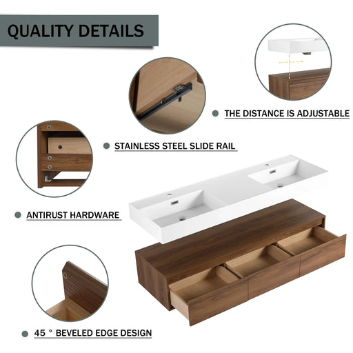Modern Wall-Mounted Bathroom Vanity with Dual Resin Sink and Soft Close Drawers, Brown Ebony Finish, 60 Inch Default -DTYStore