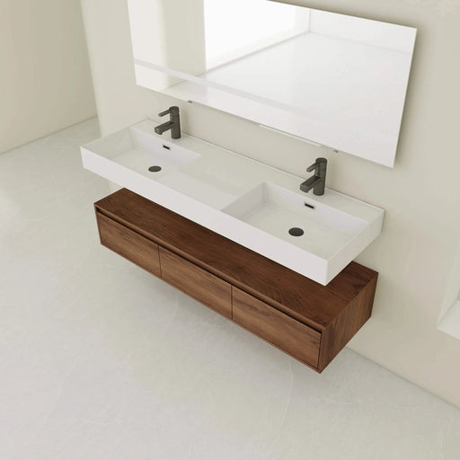 Modern Wall-Mounted Bathroom Vanity with Dual Resin Sink and Soft Close Drawers, Brown Ebony Finish, 60 Inch Default -DTYStore