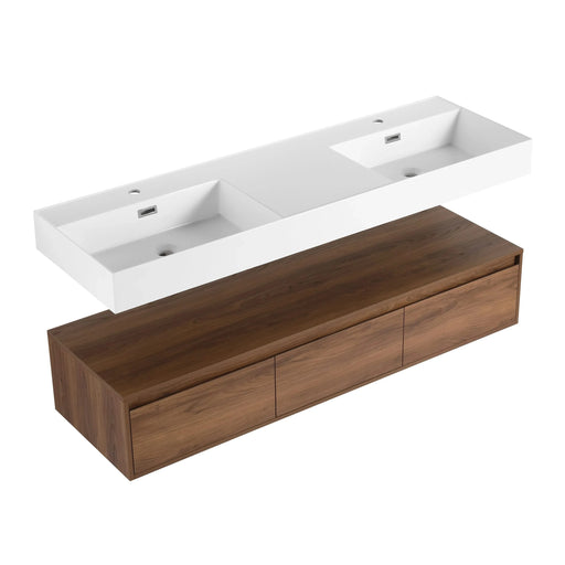 Modern Wall-Mounted Bathroom Vanity with Dual Resin Sink and Soft Close Drawers, Brown Ebony Finish, 60 Inch Default -DTYStore