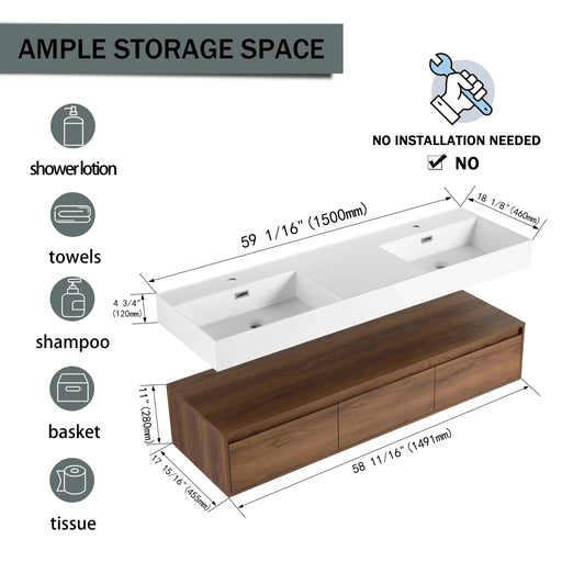Modern Wall-Mounted Bathroom Vanity with Dual Resin Sink and Soft Close Drawers, Brown Ebony Finish, 60 Inch Default -DTYStore