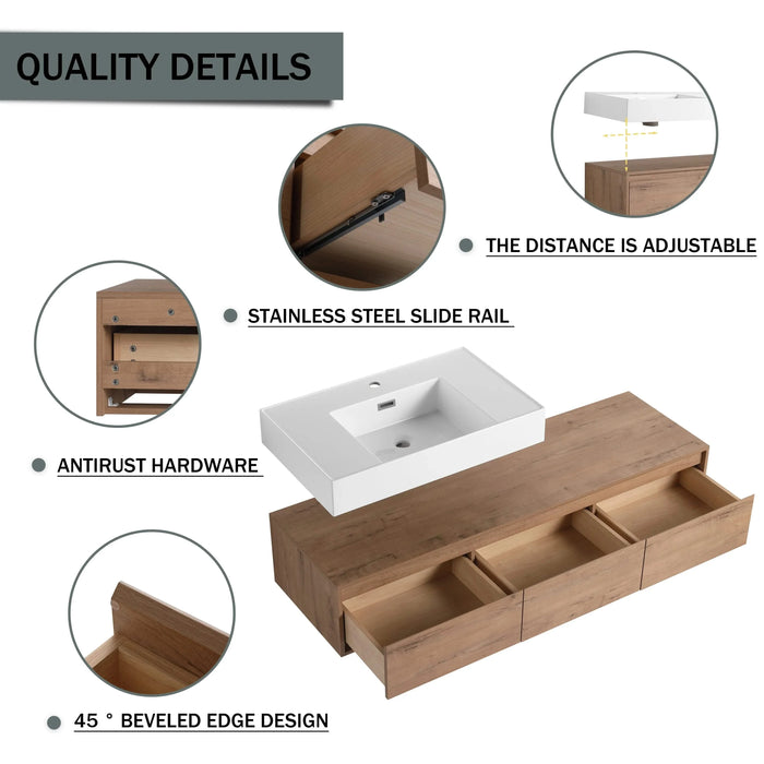Modern Wall-Mounted Bathroom Vanity with Resin Sink, Soft Close Drawer, Imitative Oak Finish, 60 Inch Default -DTYStore