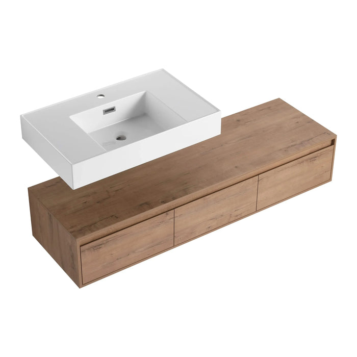 Modern Wall-Mounted Bathroom Vanity with Resin Sink, Soft Close Drawer, Imitative Oak Finish, 60 Inch Default -DTYStore