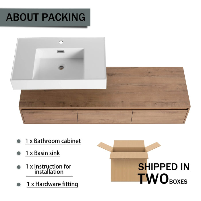 Modern Wall-Mounted Bathroom Vanity with Resin Sink, Soft Close Drawer, Imitative Oak Finish, 60 Inch Default -DTYStore