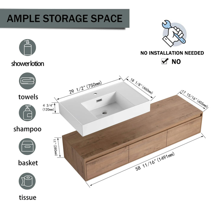 Modern Wall-Mounted Bathroom Vanity with Resin Sink, Soft Close Drawer, Imitative Oak Finish, 60 Inch Default -DTYStore