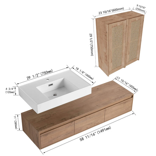 Modern Wall-Mounted Bathroom Vanity with Resin Sink and 2-Side Cabinet, Imitative Oak Finish, Plywood Construction, 60-Inch Default -DTYStore