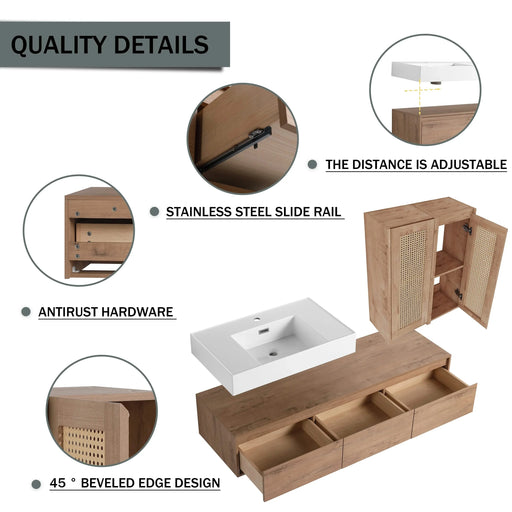 Modern Wall-Mounted Bathroom Vanity with Resin Sink and 2-Side Cabinet, Imitative Oak Finish, Plywood Construction, 60-Inch Default -DTYStore