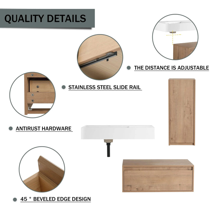 Modern Wall-Mounted Bathroom Vanity with Resin Sink and Side Cabinet, Soft Close Drawer, Imitative Oak, Plywood, 30 Inch Default -DTYStore