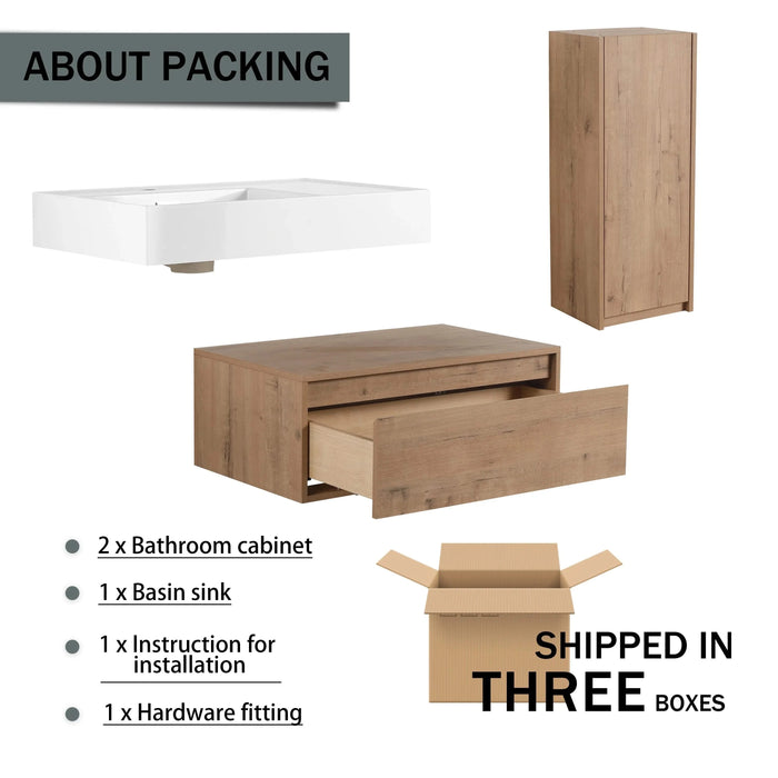 Modern Wall-Mounted Bathroom Vanity with Resin Sink and Side Cabinet, Soft Close Drawer, Imitative Oak, Plywood, 30 Inch Default -DTYStore
