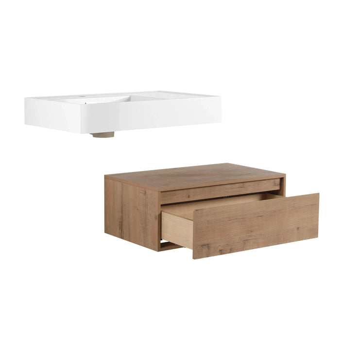 Modern Wall-Mounted Bathroom Vanity with Resin Sink and Side Cabinet, Soft Close Drawer, Imitative Oak, Plywood, 30 Inch Default -DTYStore