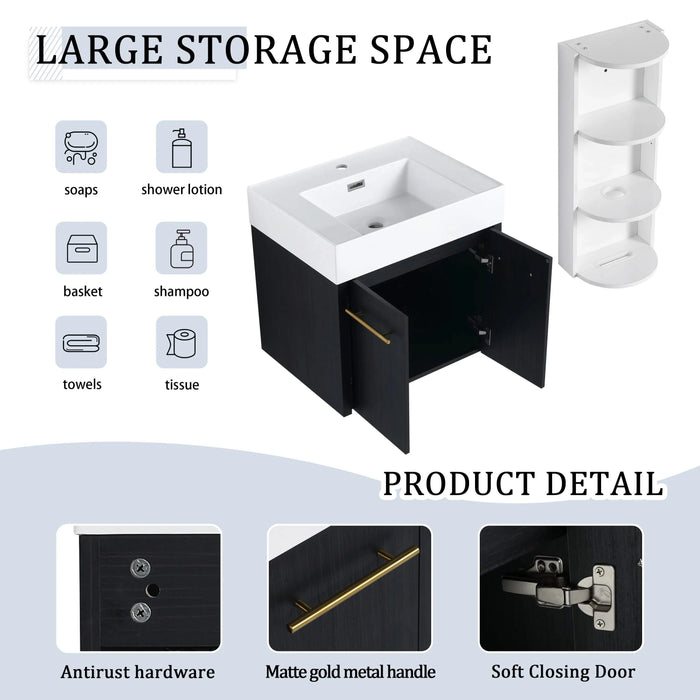 Modern Wall-Mounted Bathroom Vanity with Resin Sink and Storage Rack, Black Chestnut Plywood, 24 Inch Default -DTYStore