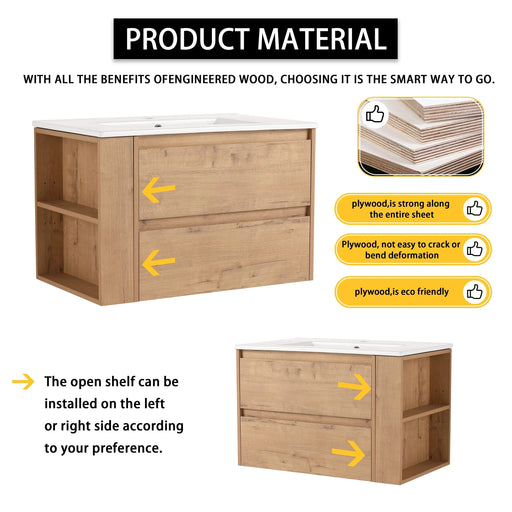 Modern Wall-Mounted Bathroom Vanity with Sink and Storage Rack, 2-Soft Close Drawers, Imitative Oak Finish, Plywood, 30 Inches Default -DTYStore