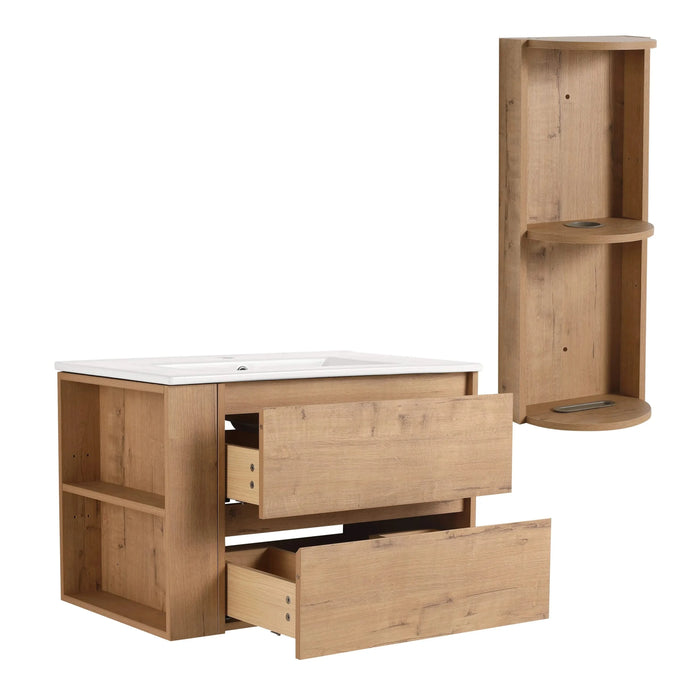 Modern Wall-Mounted Bathroom Vanity with Sink and Storage Rack, 2-Soft Close Drawers, Imitative Oak Finish, Plywood, 30 Inches Default -DTYStore