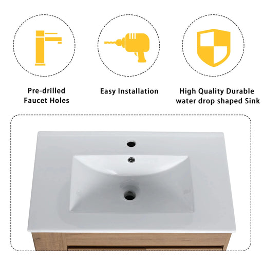 Modern Wall-Mounted Bathroom Vanity with Sink and Storage Rack, Soft Close Doors, Imitative Oak Plywood, 30 Inches Default -DTYStore