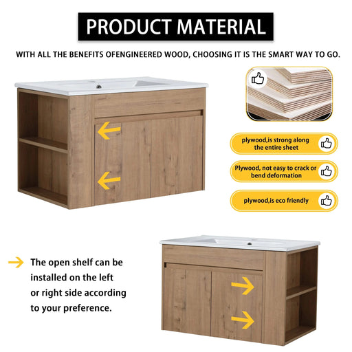 Modern Wall-Mounted Bathroom Vanity with Sink and Storage Rack, Soft Close Doors, Imitative Oak Plywood, 30 Inches Default -DTYStore