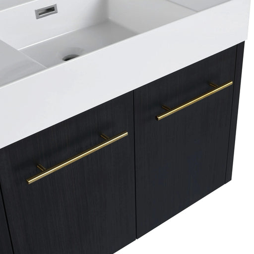 Modern Wall-Mounted Bathroom Vanity with Thick Edged Resin Sink and Storage Rack, Black Chestnut Plywood, 30 Inch Default -DTYStore
