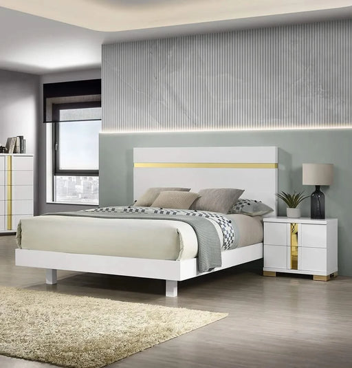 Modern White 3pc Bedroom Set Est King Size Bed w LED 2x Nightstands Mattress Ready Furniture Acrylic Trim Default -DTYStore